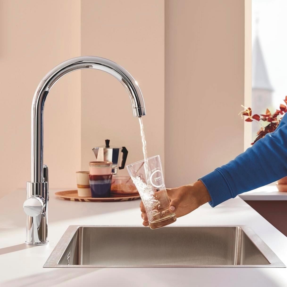 GROHE Blue Pure StartCurve Starter Kit con Rubinetto Filtro Acqua, Bocca C, Bocca Girevole 150°, Filtro Carboni Attivi, Canali Acqua Separati, Cromo, 30593000