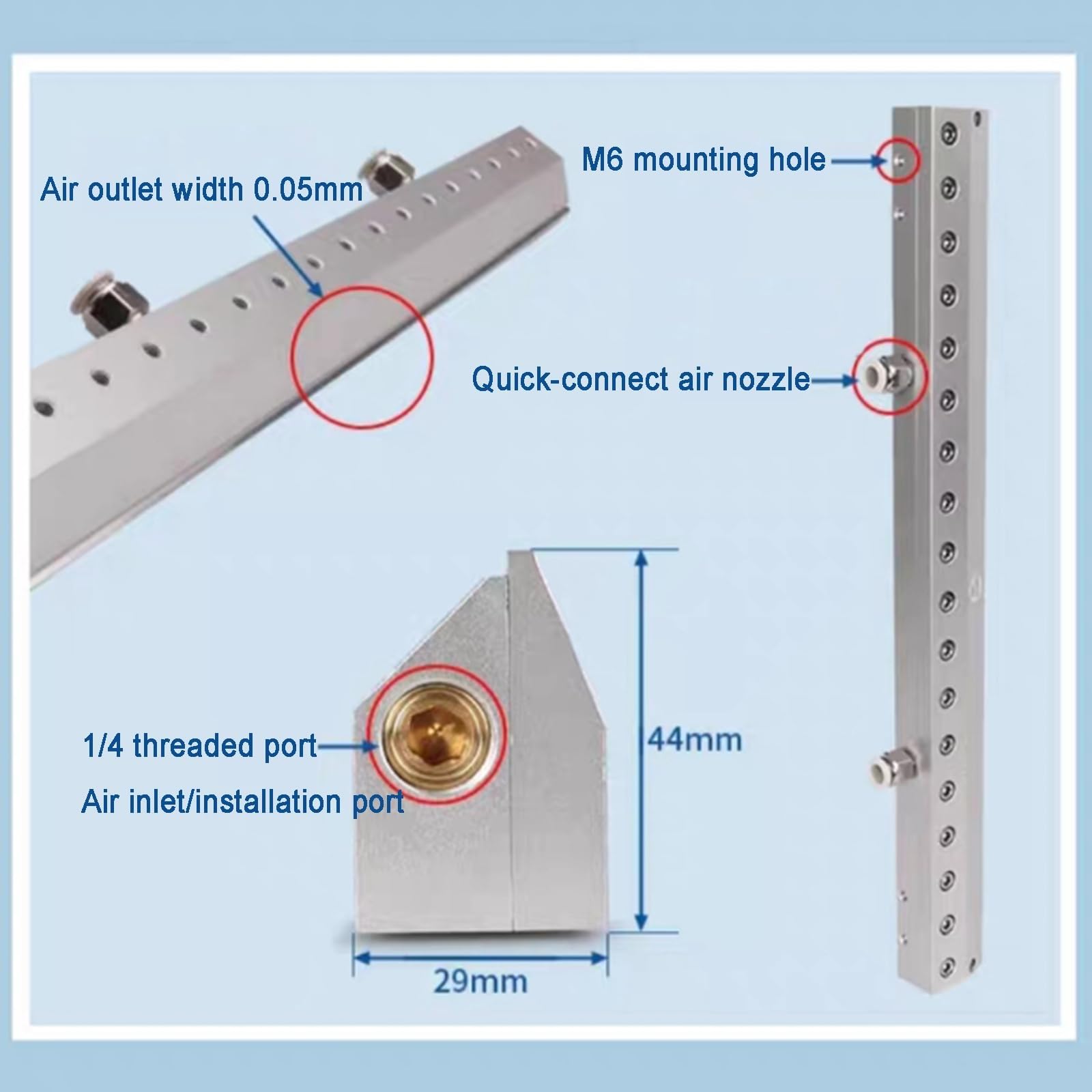 Soffiatore a lama d'aria, lama d'aria in lega di alluminio per soffiaggio polvere con interfaccia filettata da 1/4", rimozione di acqua e polvere, utilizzo con compressore d'aria(400mm)