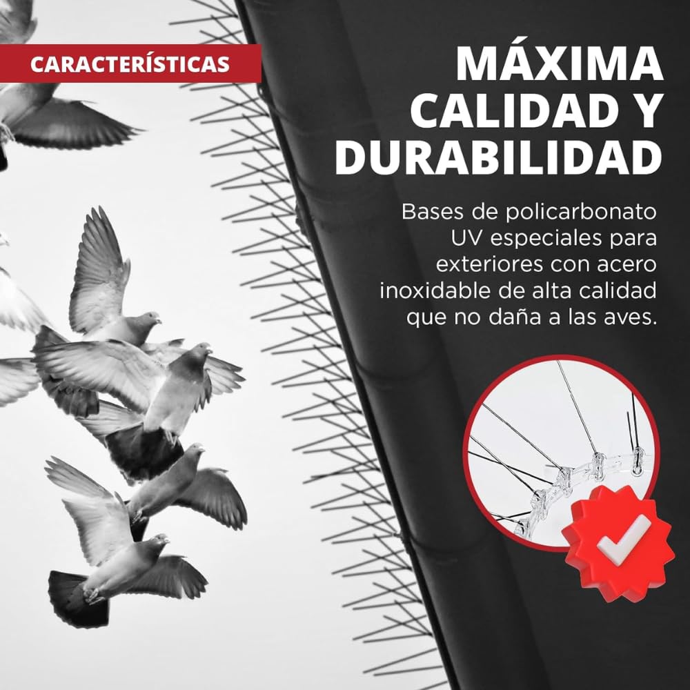 Pack de 5 Metros de Pinchos Antipalomas | Remi Hogar | Púas para Palomas de Acero Inoxidable | Ahuyenta Palomas Efectivo | 10 Tiras de 50cm Montadas | Con base transparente