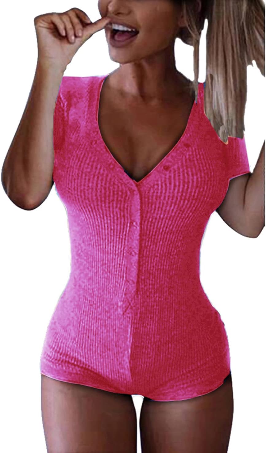 Roselux Women's Sexy Deep V Neck Shorts Short Sleeve Knitted One Piece Bodysuit Sexy Pajama Onesie Bodycon Rompers Overall