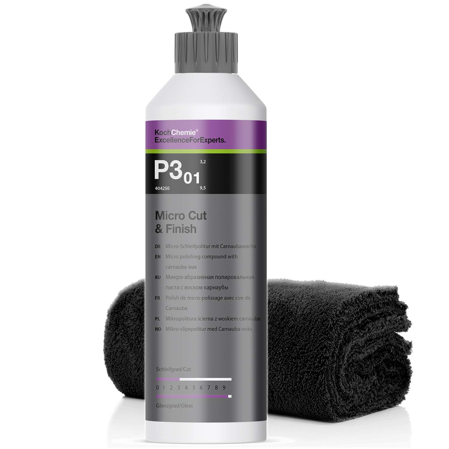 detailmate Koch Chemie Politur Set: Koch Chemie Micro Cut & Finish P3.01 Micro-Schleifpolitur mit Cranaubawachs, 250ml + detailmate randloses Mikrofasertuch, 40 x 40cm, 550GSM