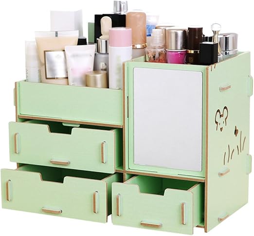 Amazon ハッピー ライフ Happylife 収納ボックス メイクボックス コスメボックス Diy 組み立て式 木製 大容量 引き出し 鏡付き アクセサリーケース テーブルの整理 グリーン 収納ケース ボックス オンライン通販