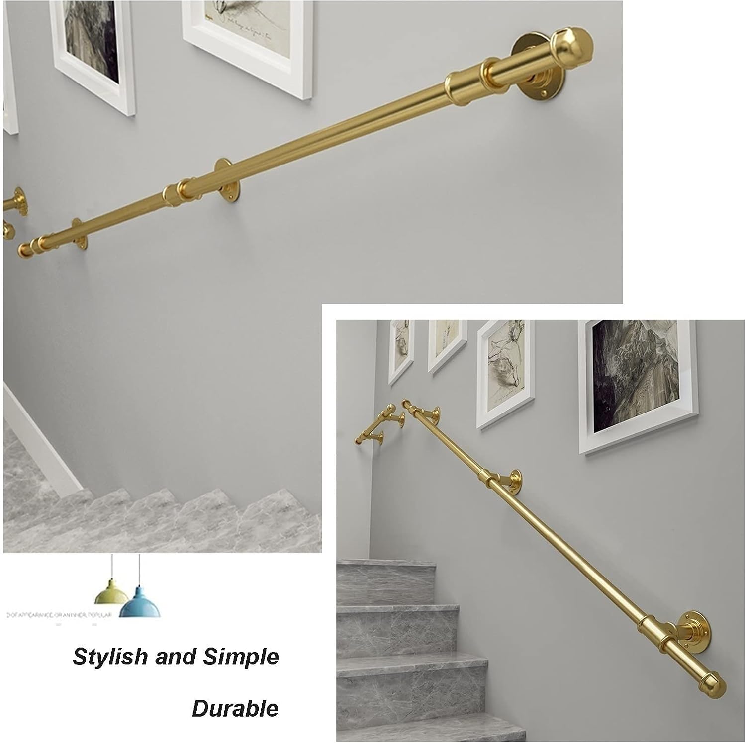 Stair Railing - Wall Mount Handrail - Wrought Iron Stair Handrail Railing, Stairs Handrail Complete Kit, Indoor Outdoor Steps Grab Rail, Safety Support Bar, Wall Mounted Staircase Hand Rails(Gold,12ft