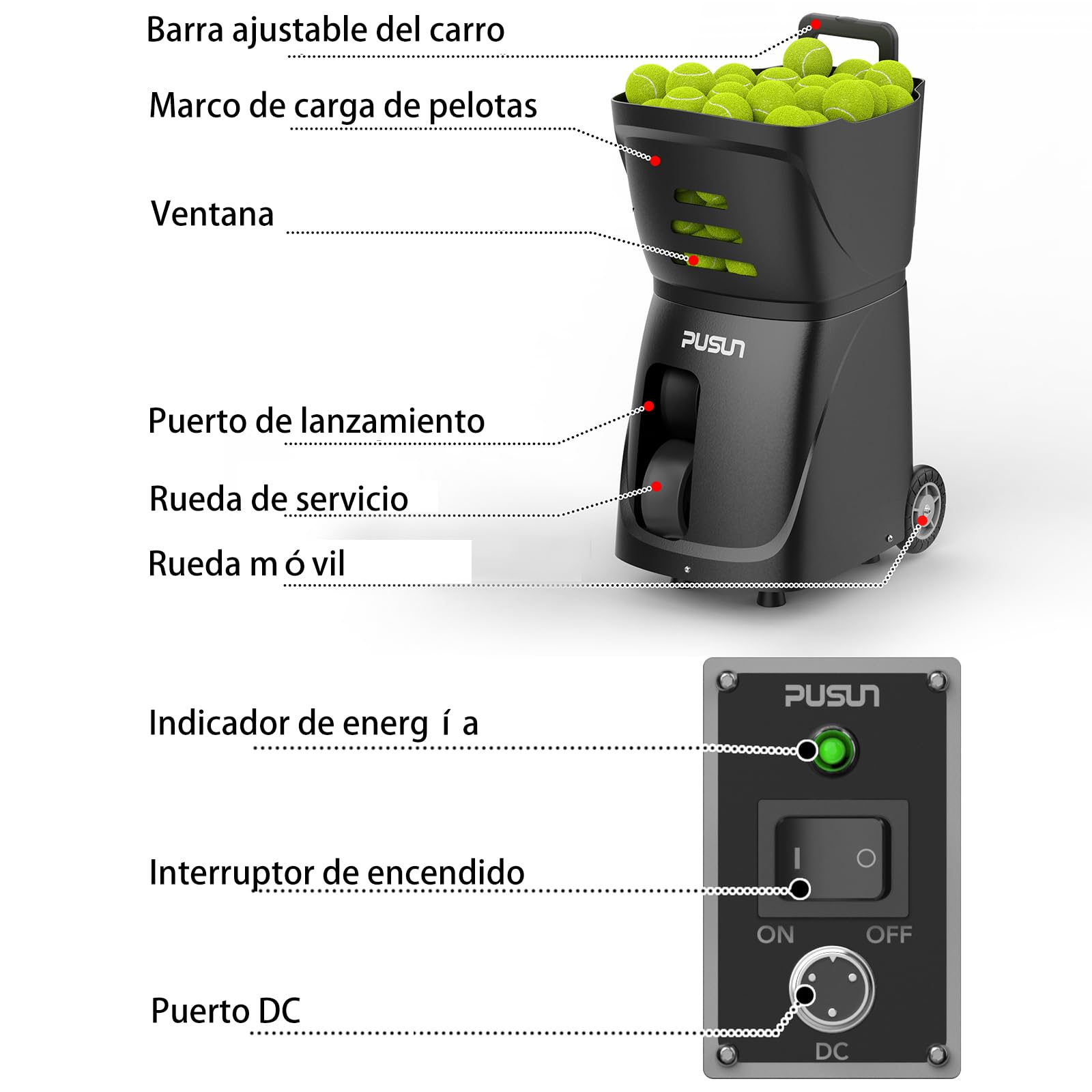 PUSUN PT-Smart-Máquina Lanzapelotas de Tenis Profesional | Control por App | 20 Puntos de Entrenamiento | 4-6 Horas de Batería | Equipo de Entrenamiento Avanzado