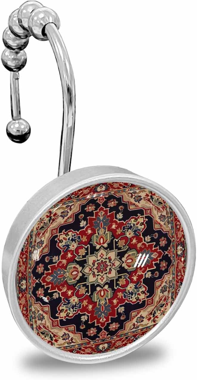 Shower Curtain Hooks 12 Pcs Red Vintage Floral Pattern Ethnic Style Stainless Steel Rust Proof Rolling Shower Curtain Rings, Decorative Shower Curtain Hooks Hangers for Bathroom