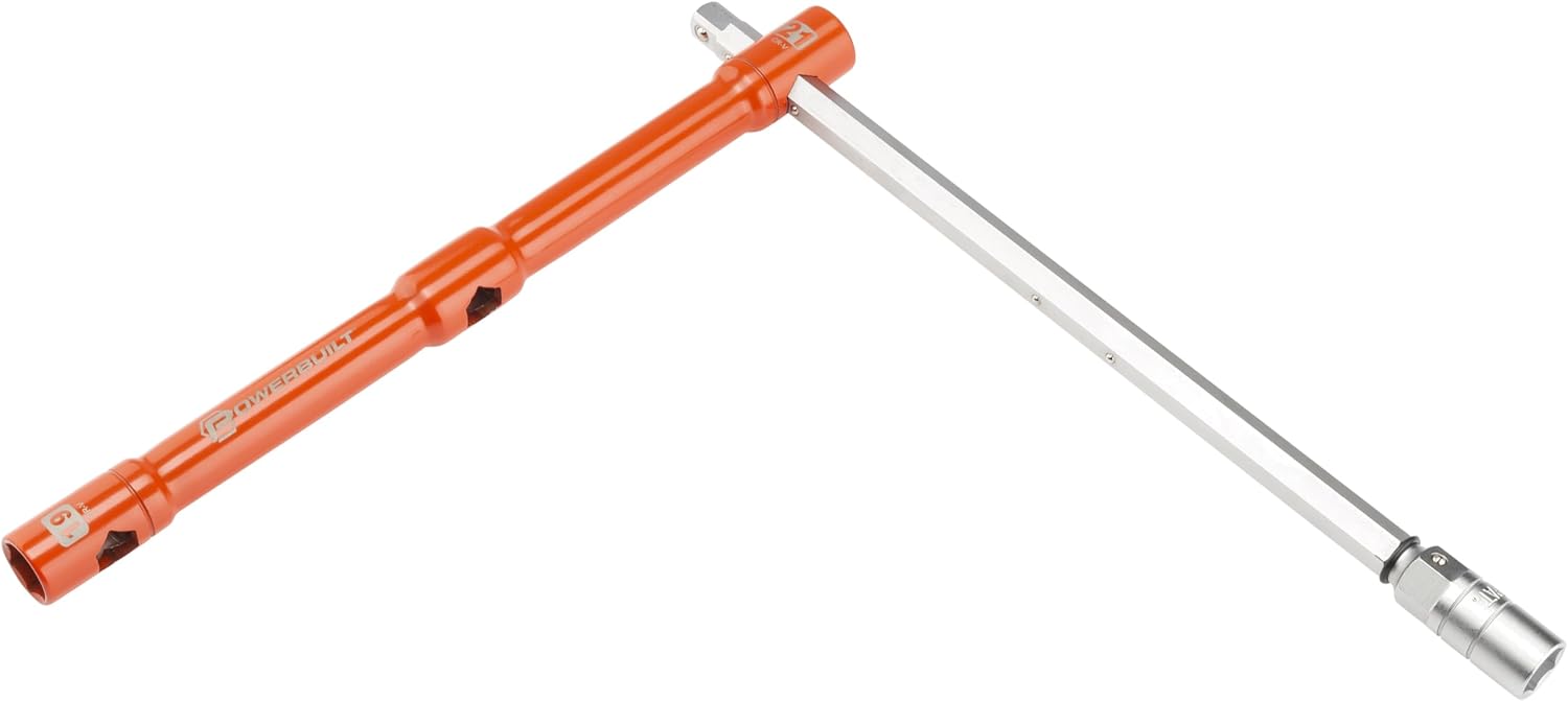 Powerbuilt Universal Compact Lug Wrench Set – 4-Way Tire Iron with 17mm, 19mm, 21mm Built-in Sockets, High-Torque Breaker Bar, Chrome Vanadium Steel, Portable Emergency Car Tool w/Pouch 643180ECE