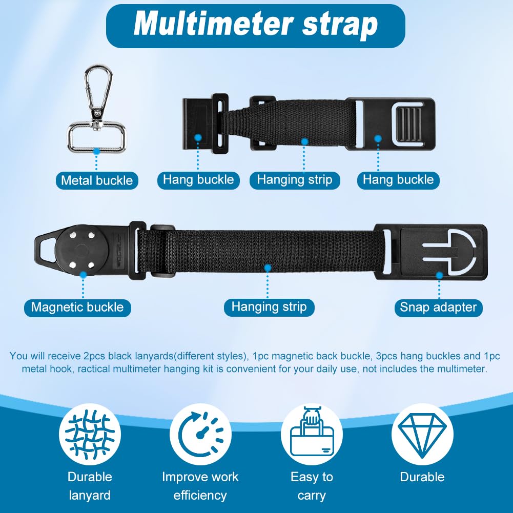 QOTSTEOS Kit da appendere per multimetro Fluke, 2 cinghie, 3 clip, 1 gancio e gancio magnetico, kit universale per appendere i multimetri Fluke (nero)