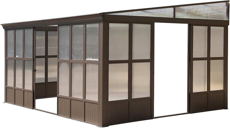 12x16FT All Season Sunroom, Outdoor Pent Wall Mounted Solarium with Detachable Polycarbonate Windows, Aluminum Lean to Gazebo Sun Room with 2 Lockable Sliding Doors for GPatio Deck