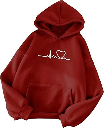 Winter Sweatshirt for Women Women's Autumn And Winter Fashion Simple Long Sleeve Hooded Heart Chain Sweater Jumper Christmas Women Hoodie Pullover Women Autumn Outfits Women