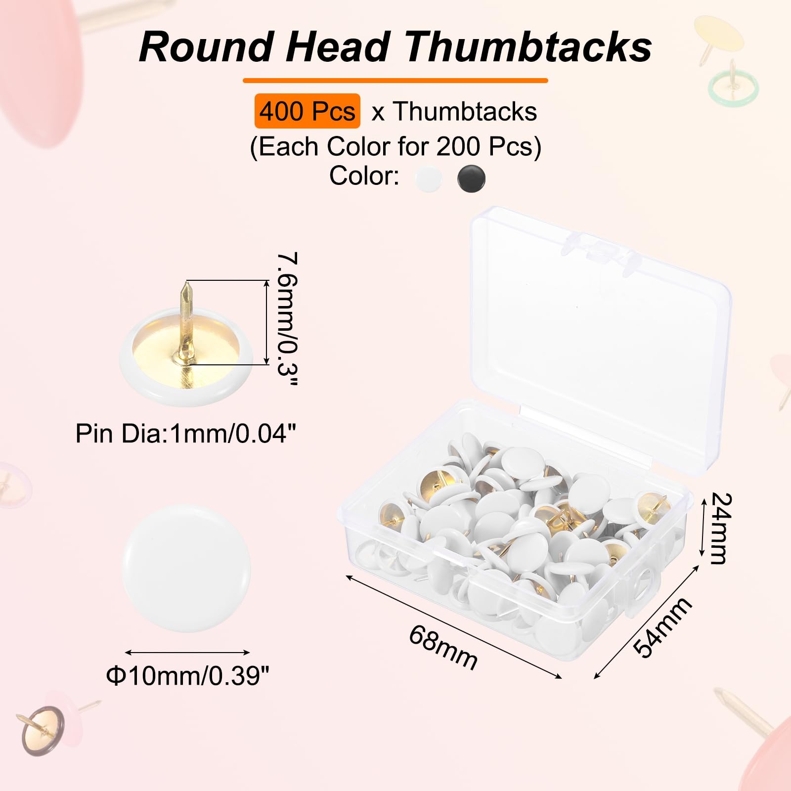 PATIKIL Roundness Push Pins, 400 Pcs Thumb Tacks Plastic Decorative Pins for CorkBoard Picture, DIY for Home Office, White/Black - Image 2