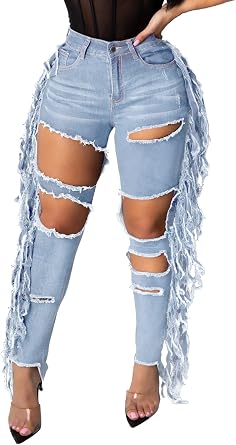 BestGirl Womens Skinny Ripped Jeans Stretch Destroyed Mid High Waist Denim Pants