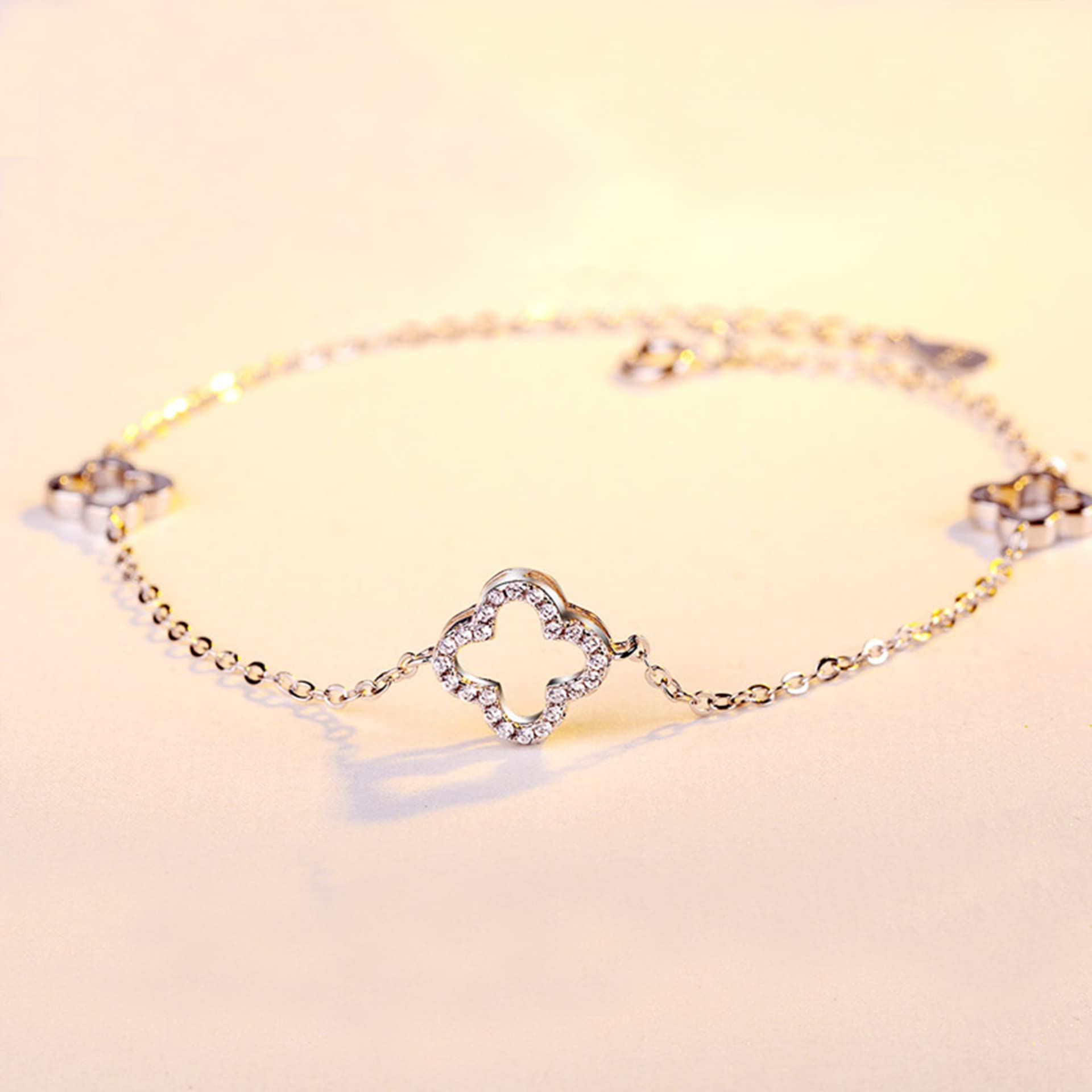 Frauen Mädchen Armband 925, einfache, Aber Elegante, glückliche Vier-Blatt-Klee-Armreifen, einstellbare Handverbindung, Kettenerweiterung