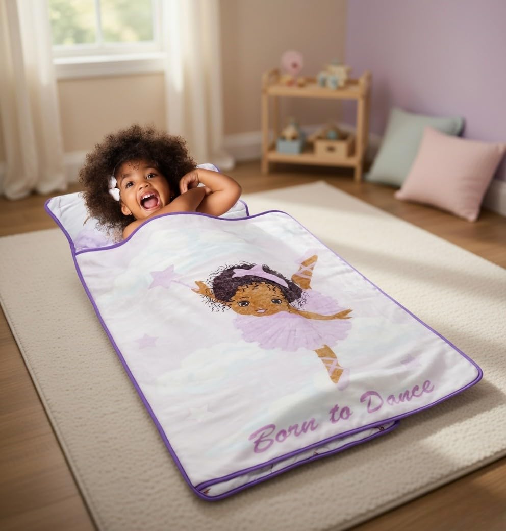EVERYDAY KIDS Toddler Nap Mat with Removable Pillow - Born to Dance African American Ballerina - Carry Handle with Straps Closure, Rollup Design for Preschool, Daycare, Sleeping Bag - Ages 2-6 Years-image-10