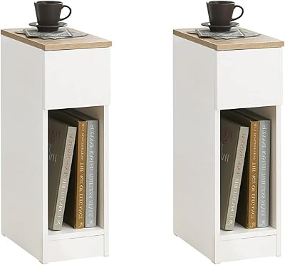 SoBuy lot de 2 tables de chevet blanches étroites avec tiroir et étagère
