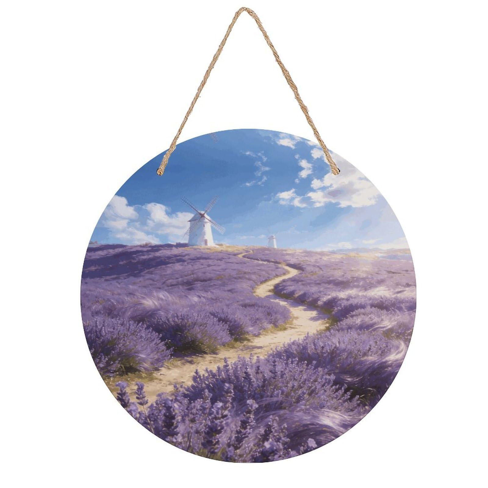 LZQPOEAS Provence Meadow Round Wood Wall Art Painting, 7.9 Inch Circular Wooden Door Hanger Decorative Paintings, Rope-Hanging Wooden Wall Plaque for Home Decor And Office Party