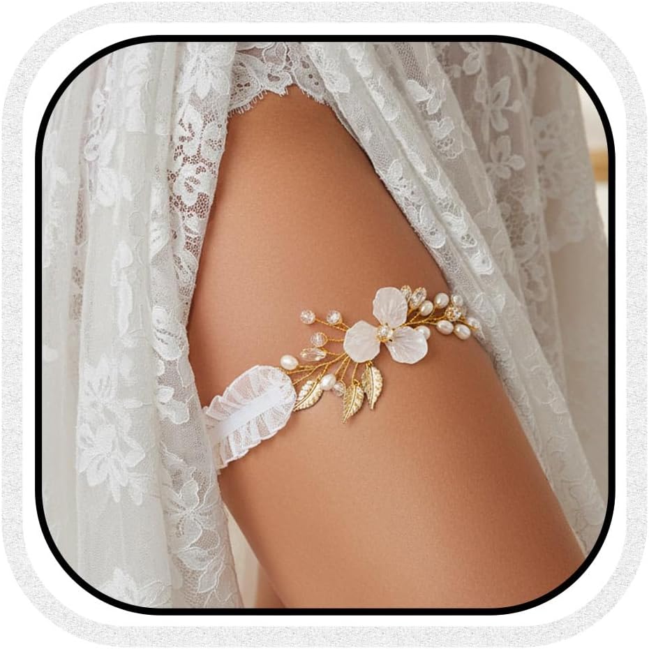 HEREAD Flower Wedding Garters for Bride Gold Pearl Stretch Bridal Garters Set Leaf Leg Ring for Women and Girls