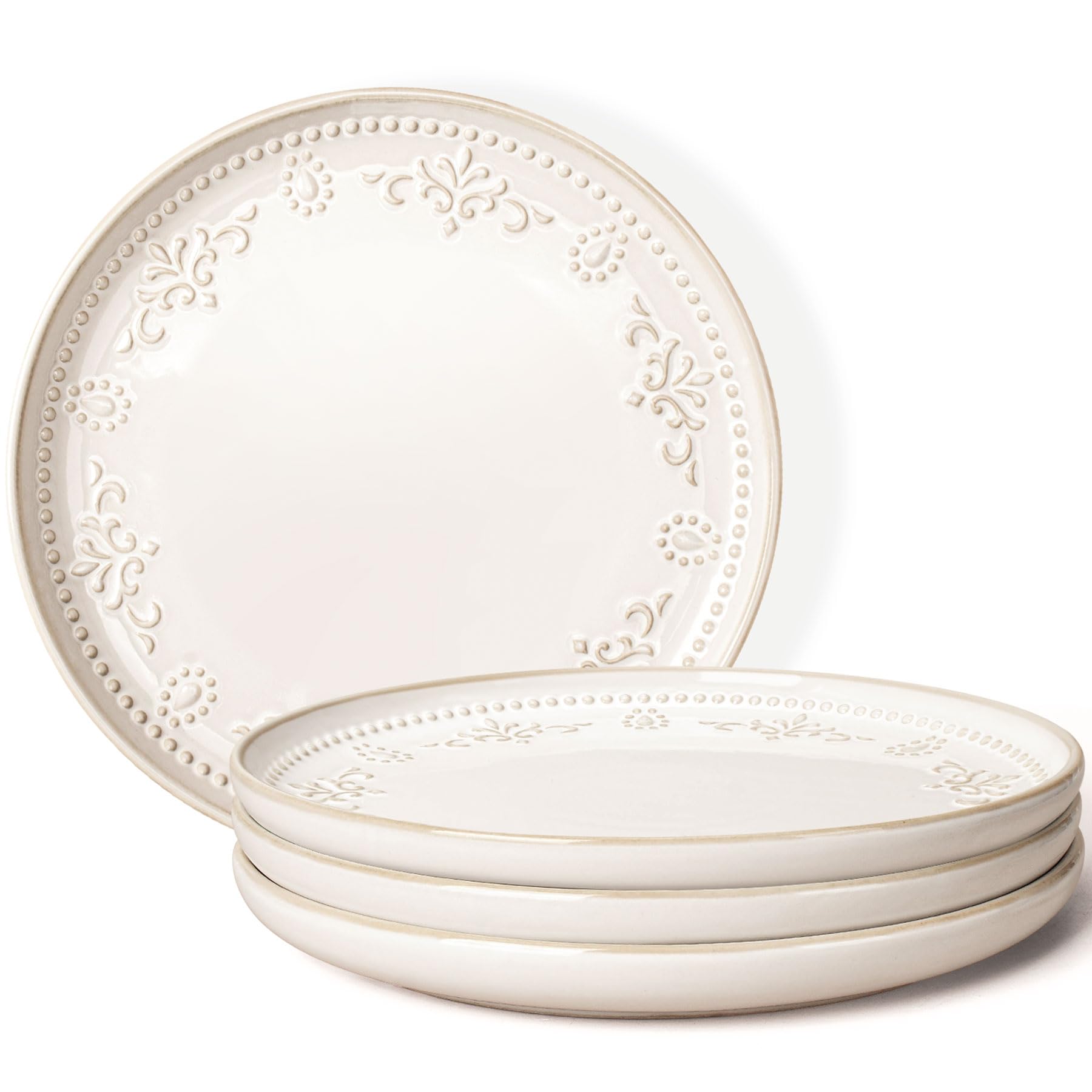 Artena Large Ceramic Dinner Plates Set Of 4, 10.75 Inch Embossed Kitchen Salad Plates, Modern Serving Plates For Restaurant, Plates With Lipped Edges, Microwave Dishwasher Safe (Damask Floral)