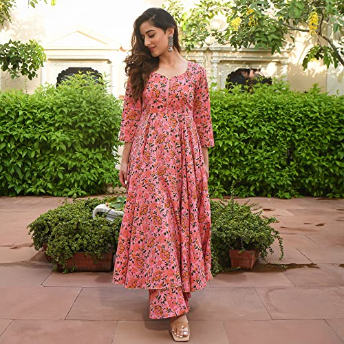 Arayna-Womens-Cotton-Printed-Anarkali-Kurti-with-Palazzo-Pants-Set-Floral