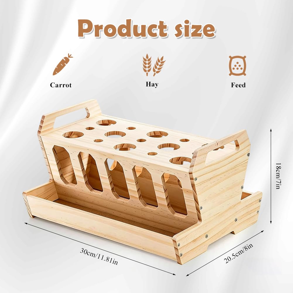 Gran comedero para conejos y cobayas, accesorios para conejos, comederos con soporte para zanahorias de madera natural sin tratar, 30 x 22 x 18 cm, comedero para conejos, accesorios para cobayas