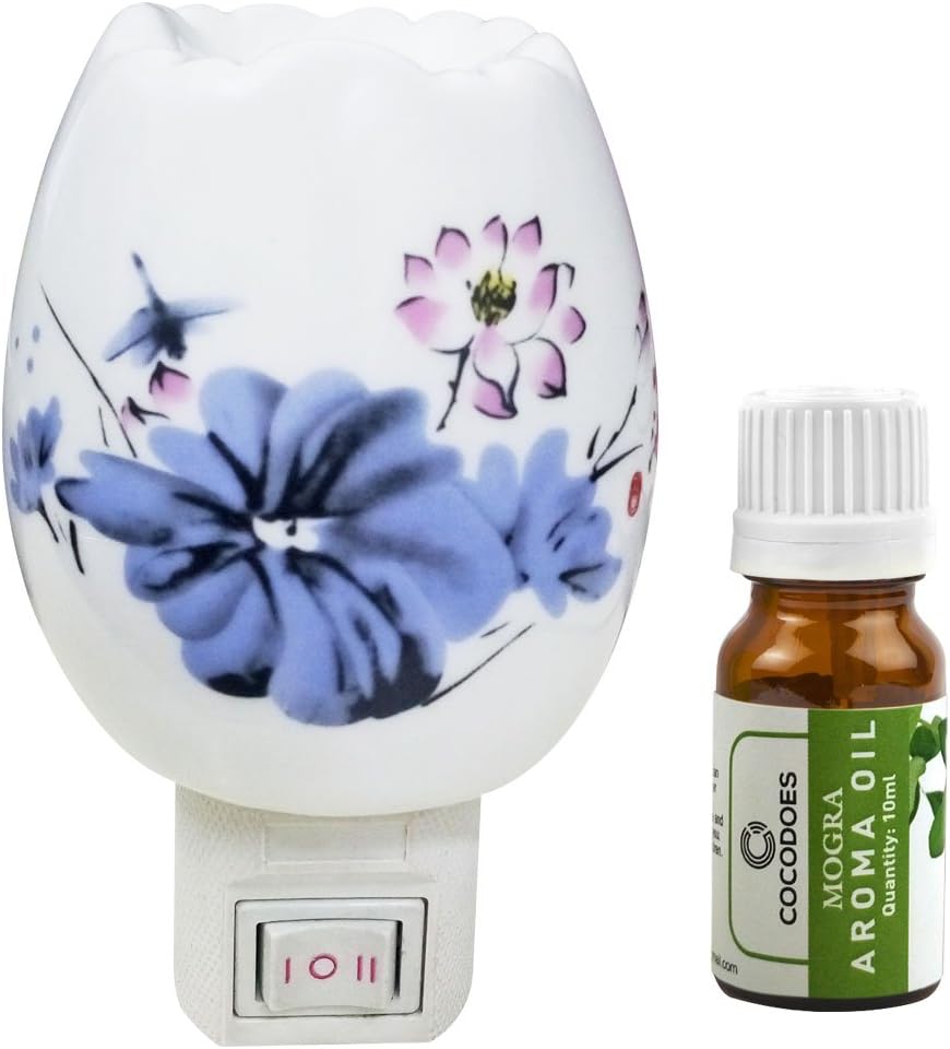 Cocodoes Multicolor Electric Ceramic Aroma Diffuser Oil Burner Night Lamp Light with 1 Mogra Aroma Oil of 10ml for Home Office Spa Hotel Comes with Heat Control Switch