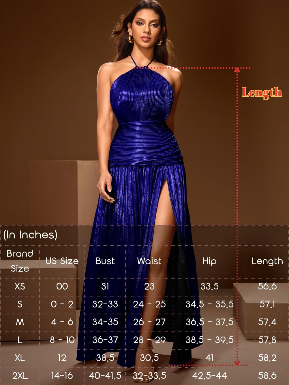 Kaei&Shi Metallic Pleated Dress,Halter Formal Cocktail Dresses with Slit,Sparkly Long Evening Gowns for Women - Image 7
