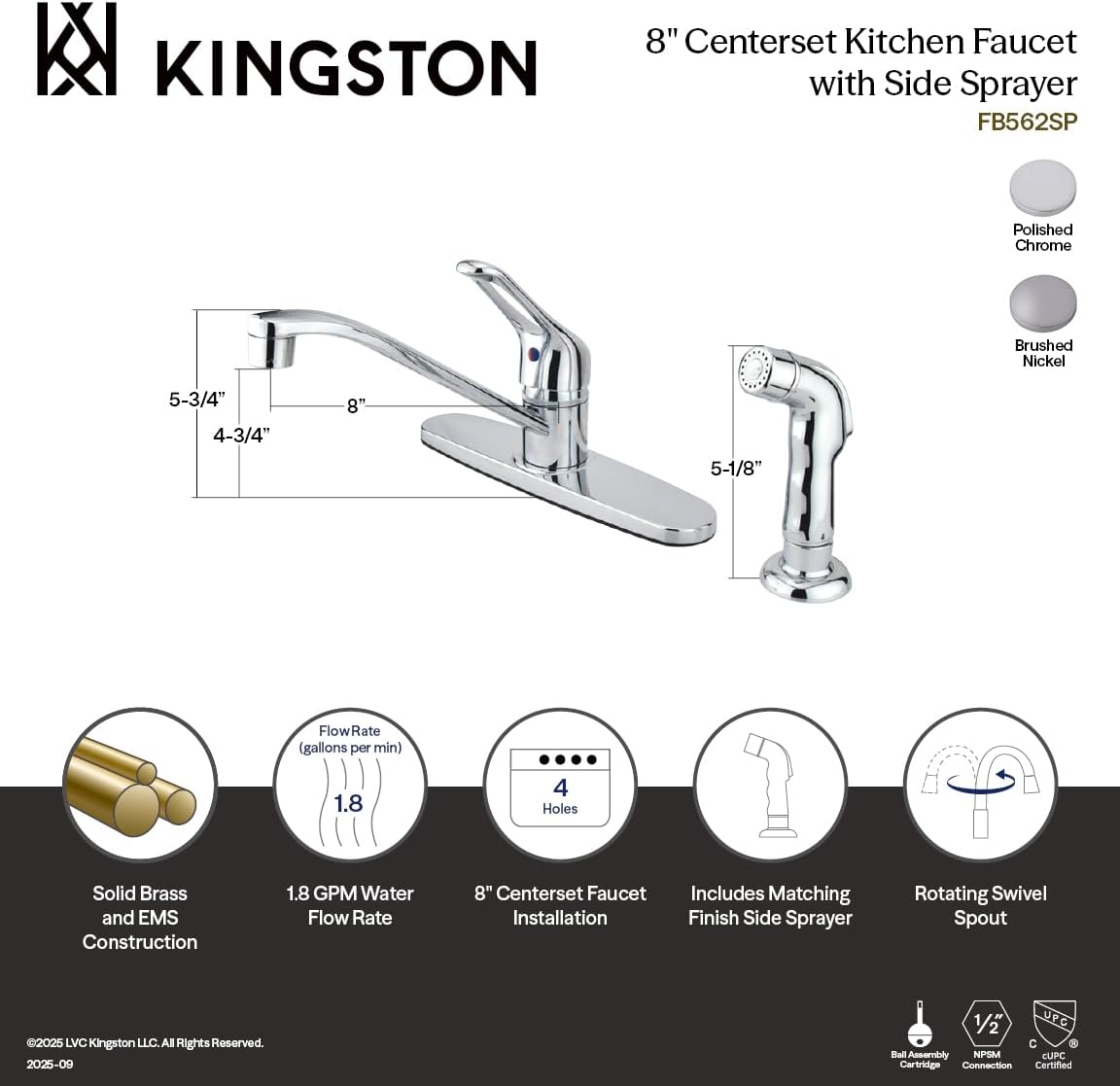 Kingston Brass FB562SNSP Wyndham Single Handle 8-Inch Centerset Kitchen Faucet with Sprayer, Brushed Nickel
