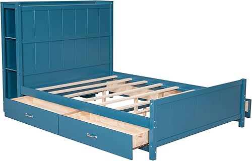 Miniatura 92 de Cama de plataforma de tamaño Queen con cabecero y cajones, marco de cama de plataforma de madera maciza con estantes, puertos USB y enchufes, marco