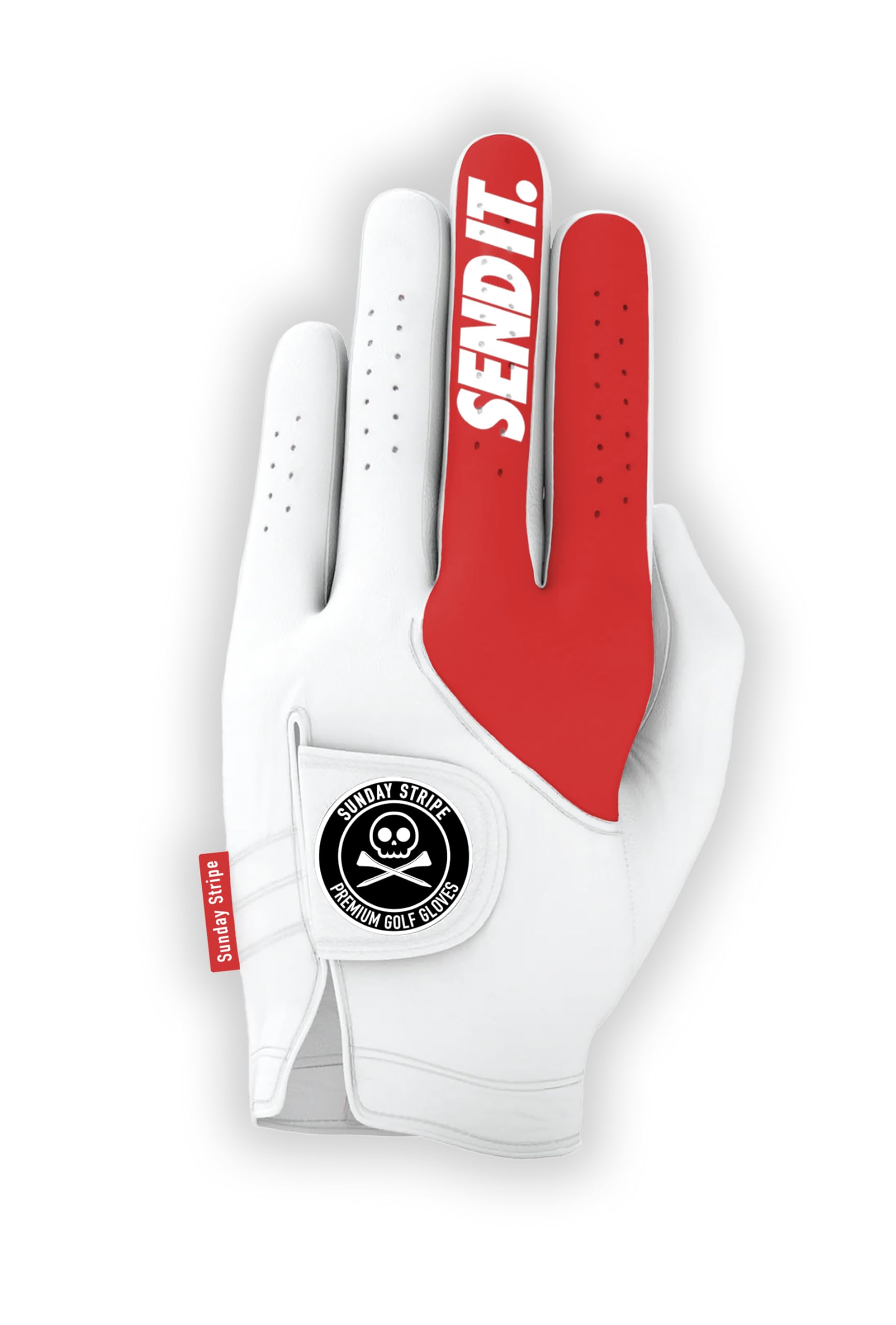 Gant de golf Send It Premium en cuir cabretta souple rouge et blanc avec grip renforcé 2025