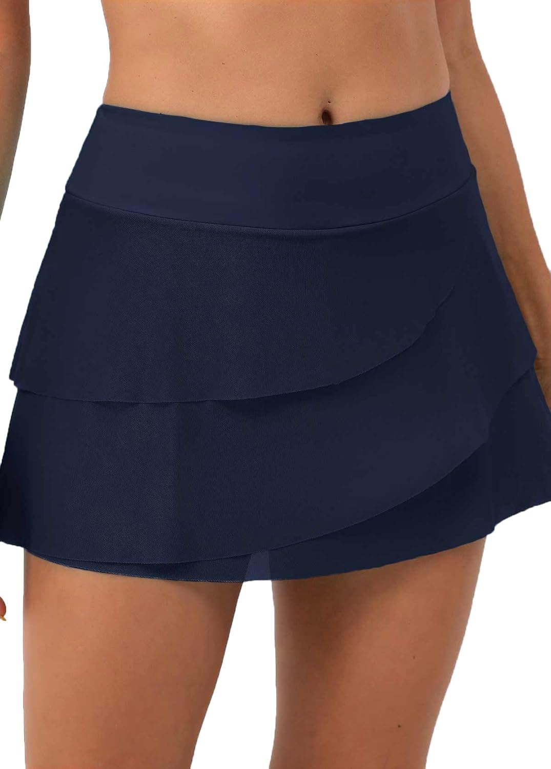 MODLILY Women's Mid Waisted Swim Skirt with Layered Crossover Hem Solid Tankini Swimsuit Bathing Suit Bottoms for Women