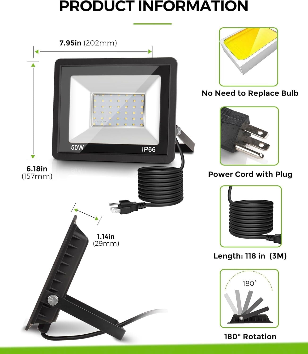 Reflektory zewnętrzne, 50 W, IP66, wodoodporne, wtykowe, odlewane aluminium, do ogrodu, garażu, z certyfikatem UL