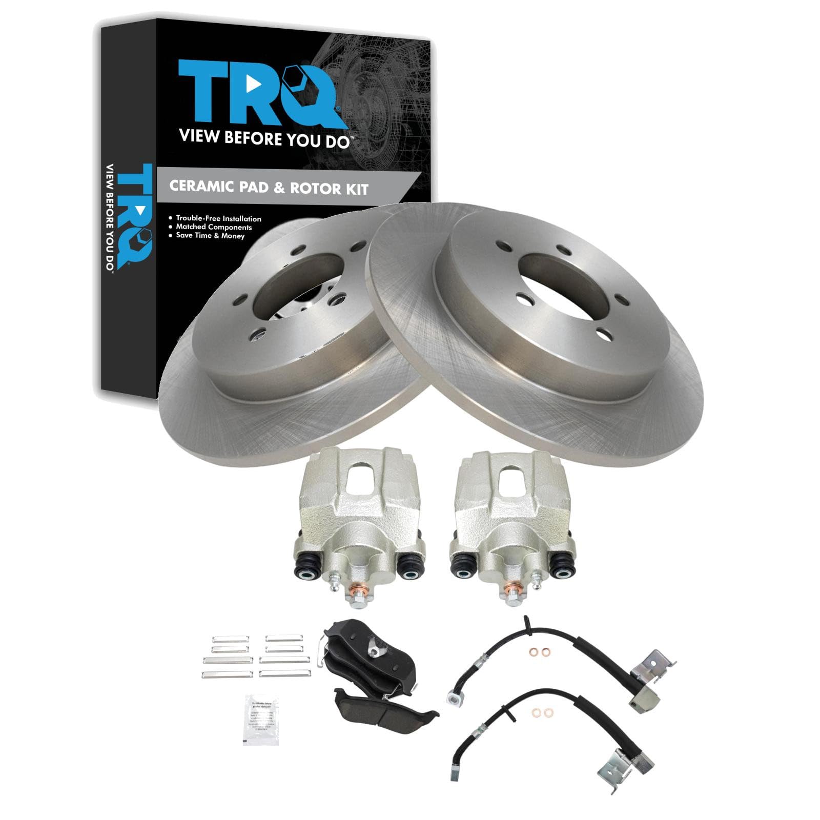 TRQ Rear Brake Pad and Rotor Set Ceramic Rotors Calipers Compatible with 2006-2010 Ford Explorer Mercury Mountaineer 2007-2010 Explorer Sport Trac
