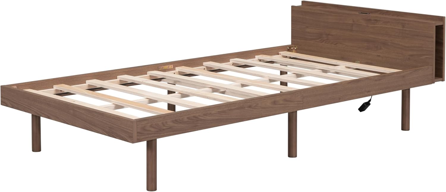 Modern Design Twin Size Platform Bed Frame with Built-in USB Port for Walnut Color