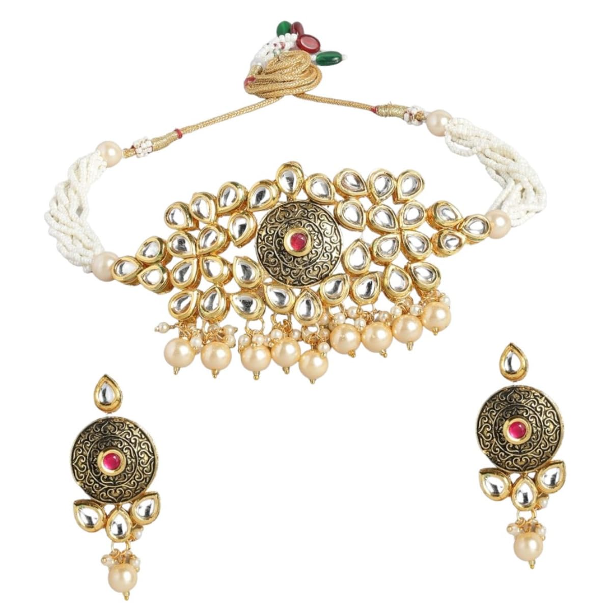 JWELLA Elegant Gold-Plated Pearl Drops Kundan Choker Necklace Set with Earrings For Women (B0D9XQH3W1) Amazon Price History, Amazon Price Tracker