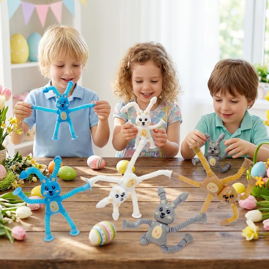 Easter Basket Stuffers – 4 Pcs Easter Bunny Suction Cup Pop Tubes Toys, Sensory Fidget Toys for Kids Boys Girls Toddlers Party Favors Gifts