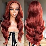 BlackSwern 24inch Reddish Brown Glueless Lace Front Wig Pre Plucked, Synthetic Lace Front Wig Human Hair Feeling Wig for Black Women, Ready to Wear Wigs Pre-cut Pre-plucked,Reddish Brown Orange
