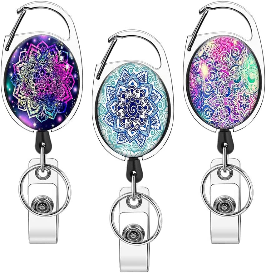 Heavy Duty Retractable Badge Reel with Carabiner Belt Clip Key Ring Cute ID Name Badge Reels for Doctor Nurse 3 Pack (Mandala)