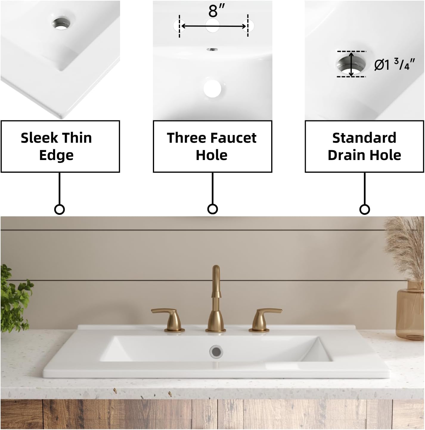 24"W x 18"D Drop In Bathroom Sink with 3 Holes for 8-in Widespread Faucets, Los Flexi Rectangular White Ceramic Vanity Top Sink for 24 Inch Bathroom Vanities