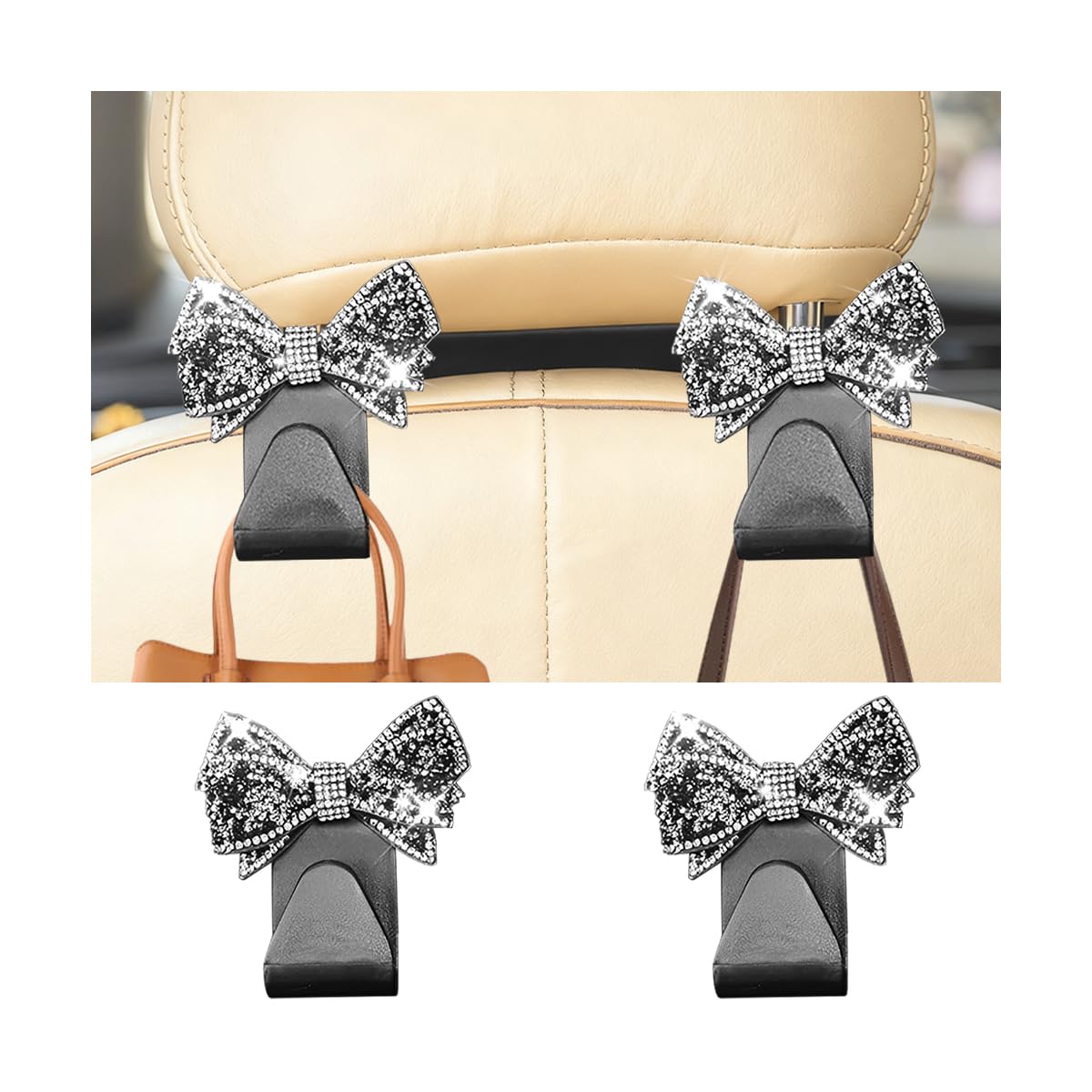 Ywdiml 2PCS Bling Bow Car Seat Headrest Hook, Lovely Crystal Rhinestone Back Seat Storage Organizer for Handbag Purse Coat, Girly Sparkling Diamond Backseat Bag Hanger Holder, Universal Fit (Black)