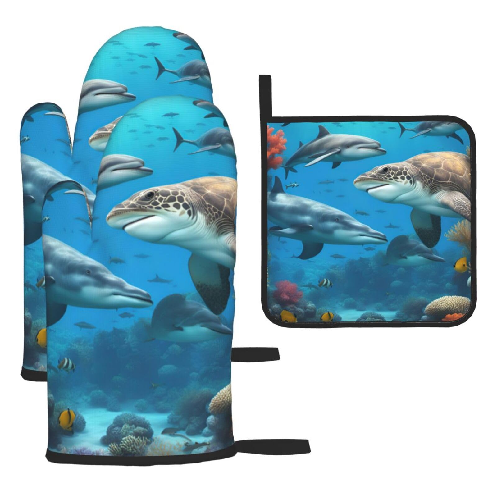 Dolphins Sea Turtle Shark Octopus Coral Reef Print Oven Mitts Kitchen Gloves Set Everyday Baking Grilling Microwaving Cooking Gift