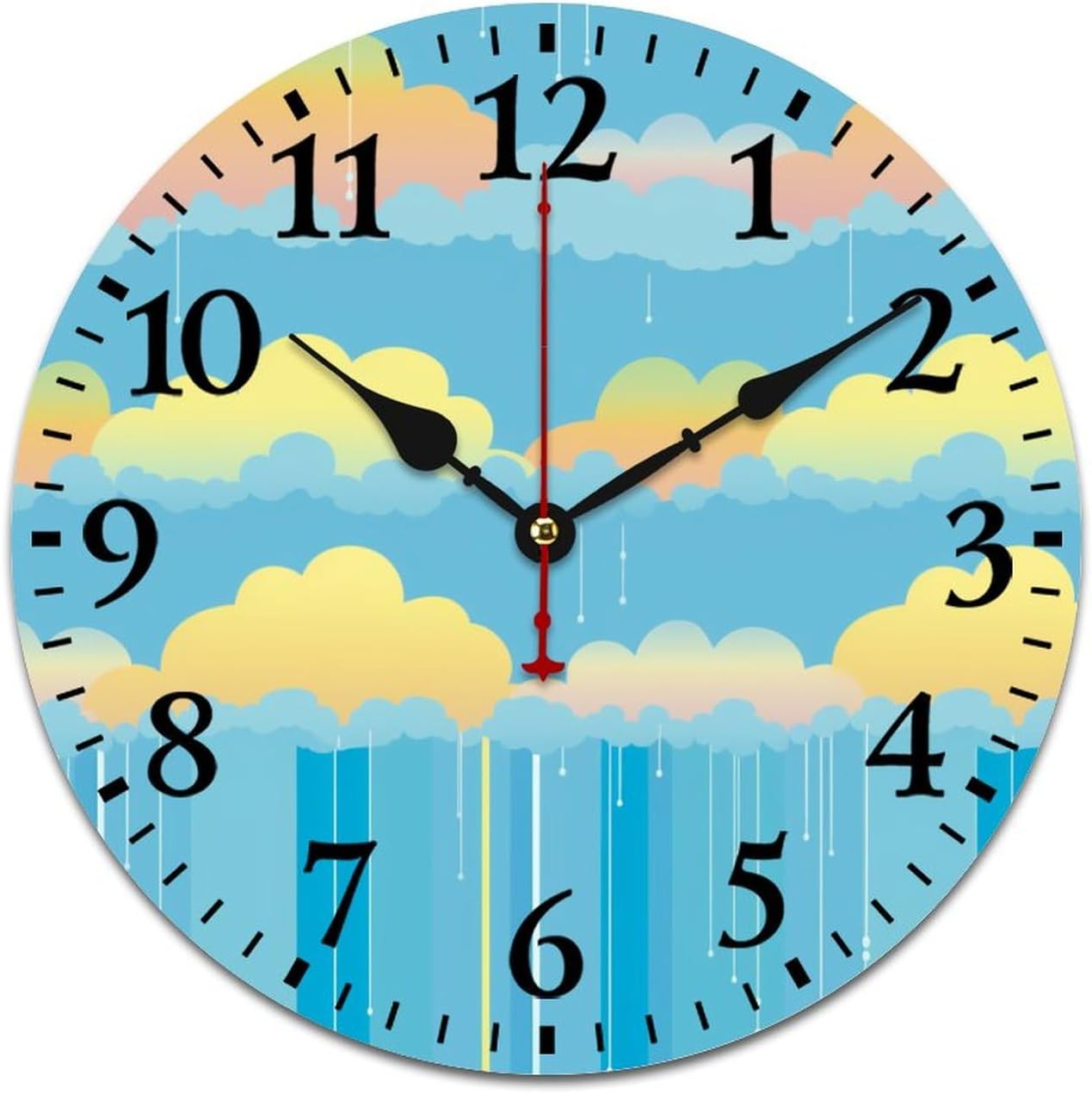 Clock Yellow Rain Sky with Rainbows and Clouds Round Home Decor Clock Battery Operated Silent Non-Ticking Baby Nursery Bedroom Decorations Wall Clocks 12 Inch Living Room Office