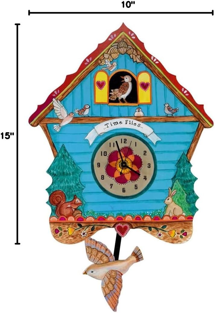Colorful Alpine Birds Time Flies Wall Clock with Pendulum, 15x10-Inches, American Made