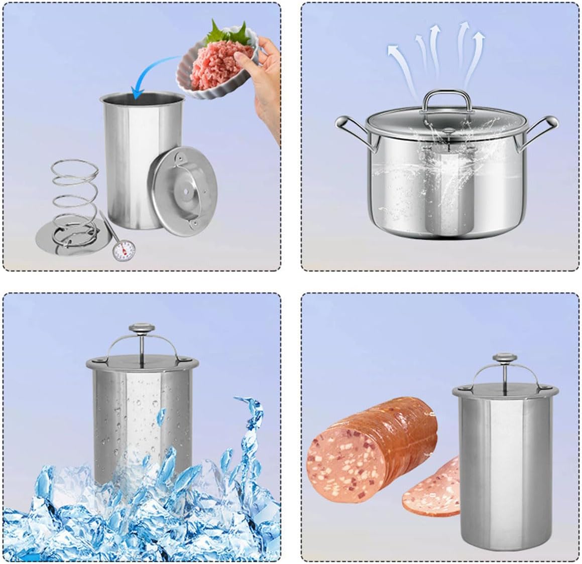 Stainless Steel Ham Maker Meat Press with Thermometer,Homemade Lunch Meat Maker Mold with Spring-Loaded Platen for Cold Cuts, Meatloaf, and Sandwich Making