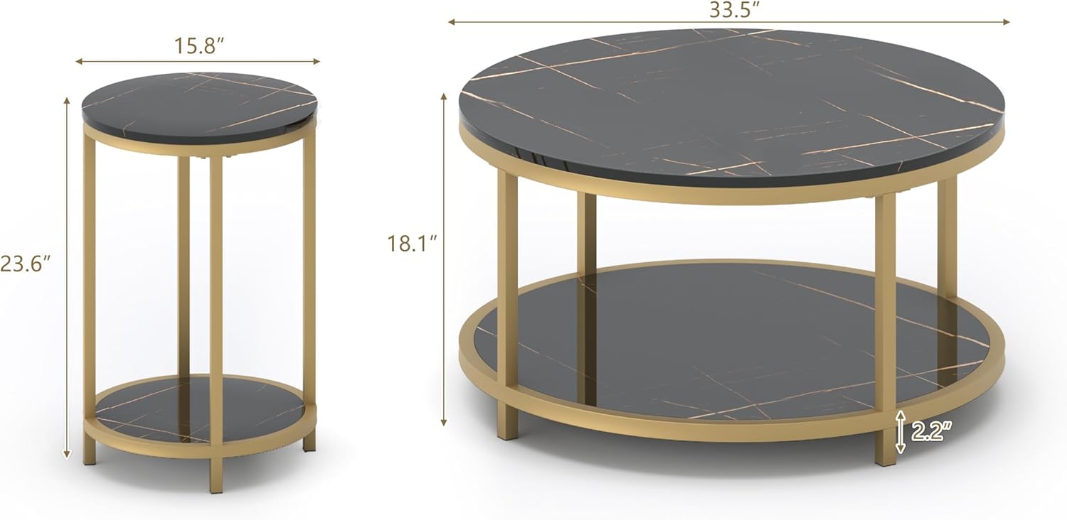 WiberWi Round Coffee Table Side Table Nesting Tables Set of 2, Large : Ø 33.5" Small : Ø 15.8", Modern Coffee Tables for Living Room, Gold Frame Circle Cocktail Table, High Glossy Faux Black Marble