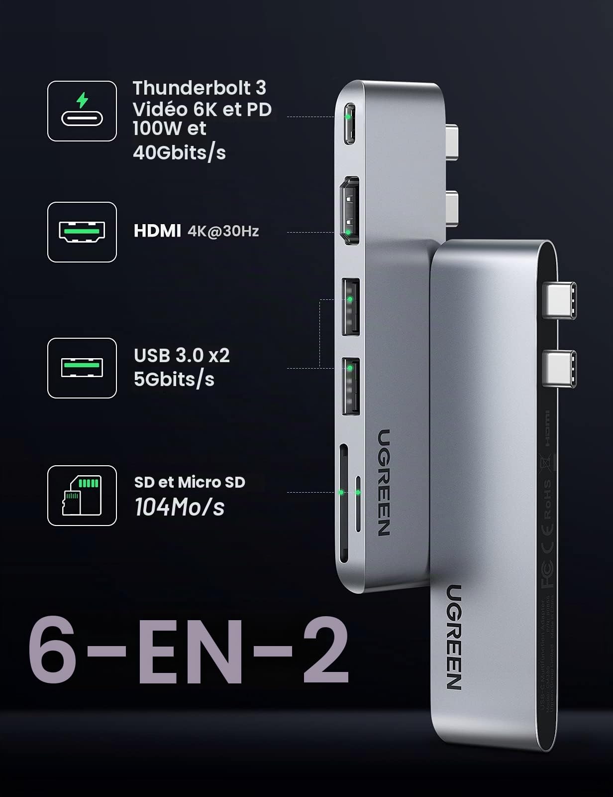 UGREEN 6 en 2 Adaptateur Hub USB C HDMI 4K Compatible avec MacBook Pro Air M2 M1 2022 à 2016, Multiports USB 3.0 5Gbps, Thunderbolt 3 6K Vidéo, 100W PD, 40Gbps Transmission, Lecteur de Carte SD TF