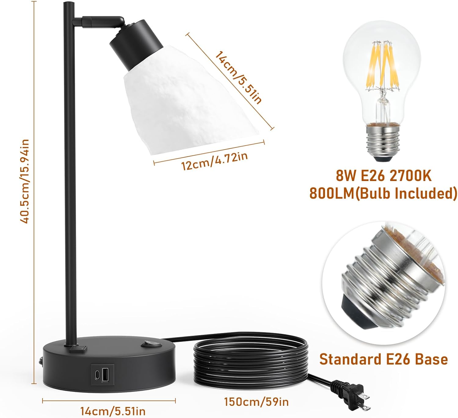 Neoglint Industrial Desk Lamp, Dimmable Table Lamp with USB C & A Ports + AC Outlet, Vintage Nightstand Lamp with 3D Lunar Texture Shade & LED Bulb, Adjustable Reading Light for Bedroom, Black