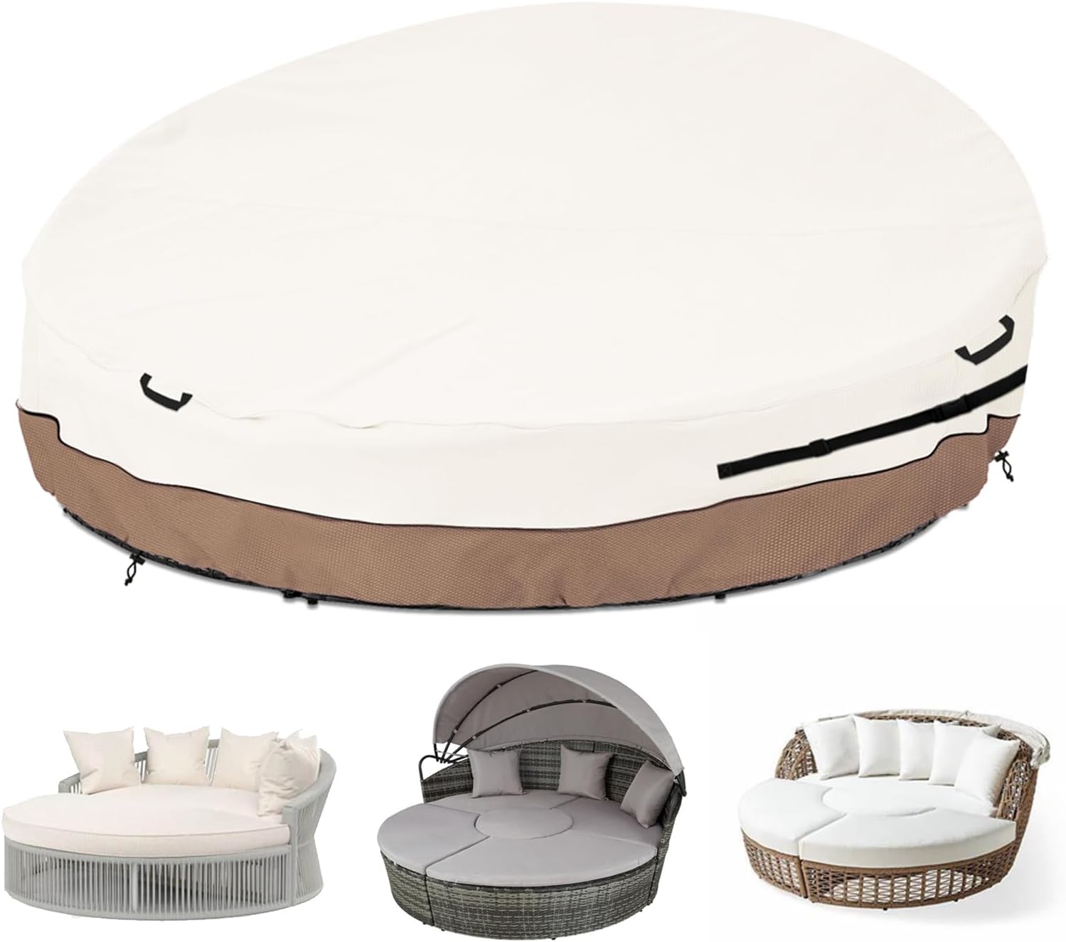 Heavy Duty 600D Waterproof Outdoor Daybed Cover for 75" Round Patio Sofa - UV-Resistant All-Weather Protection Furniture Cover with Air Vent, Fits 75" Dia x 35"/16" H (Beige)