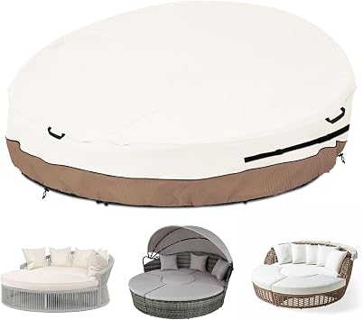 Heavy Duty 600D Waterproof Outdoor Daybed Cover for 75" Round Patio Sofa - UV-Resistant All-Weather Protection Furniture Cover with Air Vent, Fits 75" Dia x 35"/16" H Beige