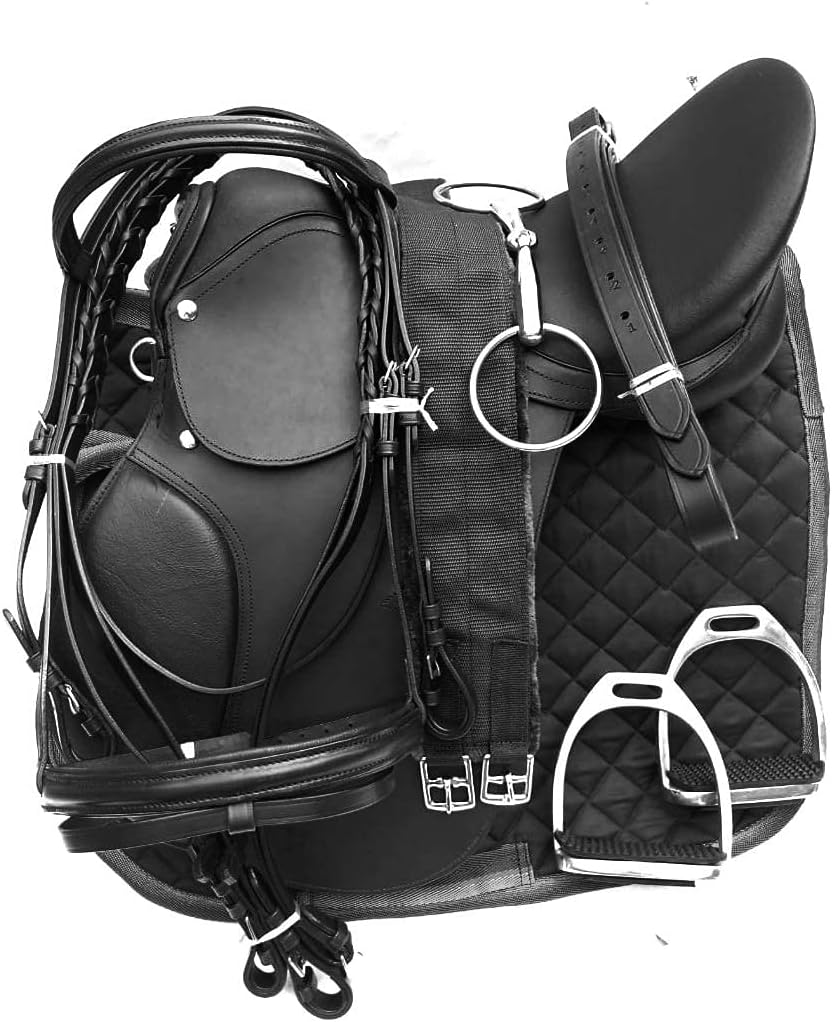CAVALRY Complete Leather Jumping English Horse Saddle Set (Black)