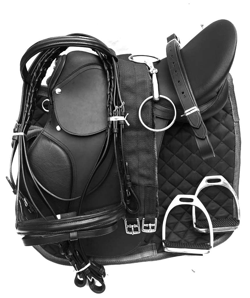 Complete Leather Jumping English Horse Saddle Set (Black)