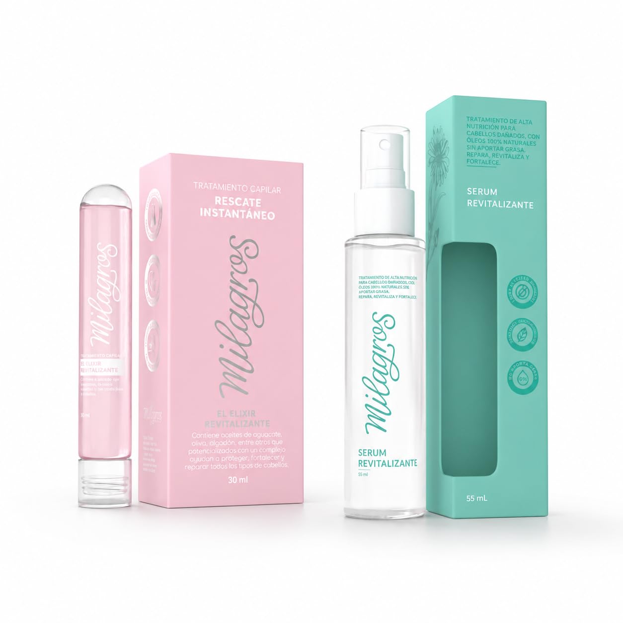 Milagros Hair Repair Duo Set – Serum Revitalizante + Tratamiento Capilar Rescate Instantáneo Elixir Revitalizante, Anti Frizz Hair Treatment, Plex Repair, Shine Boost, Damaged Hair Care Bundle.